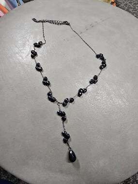 Vintage 1928 Co Black Glass Faceted Bead Y Necklace